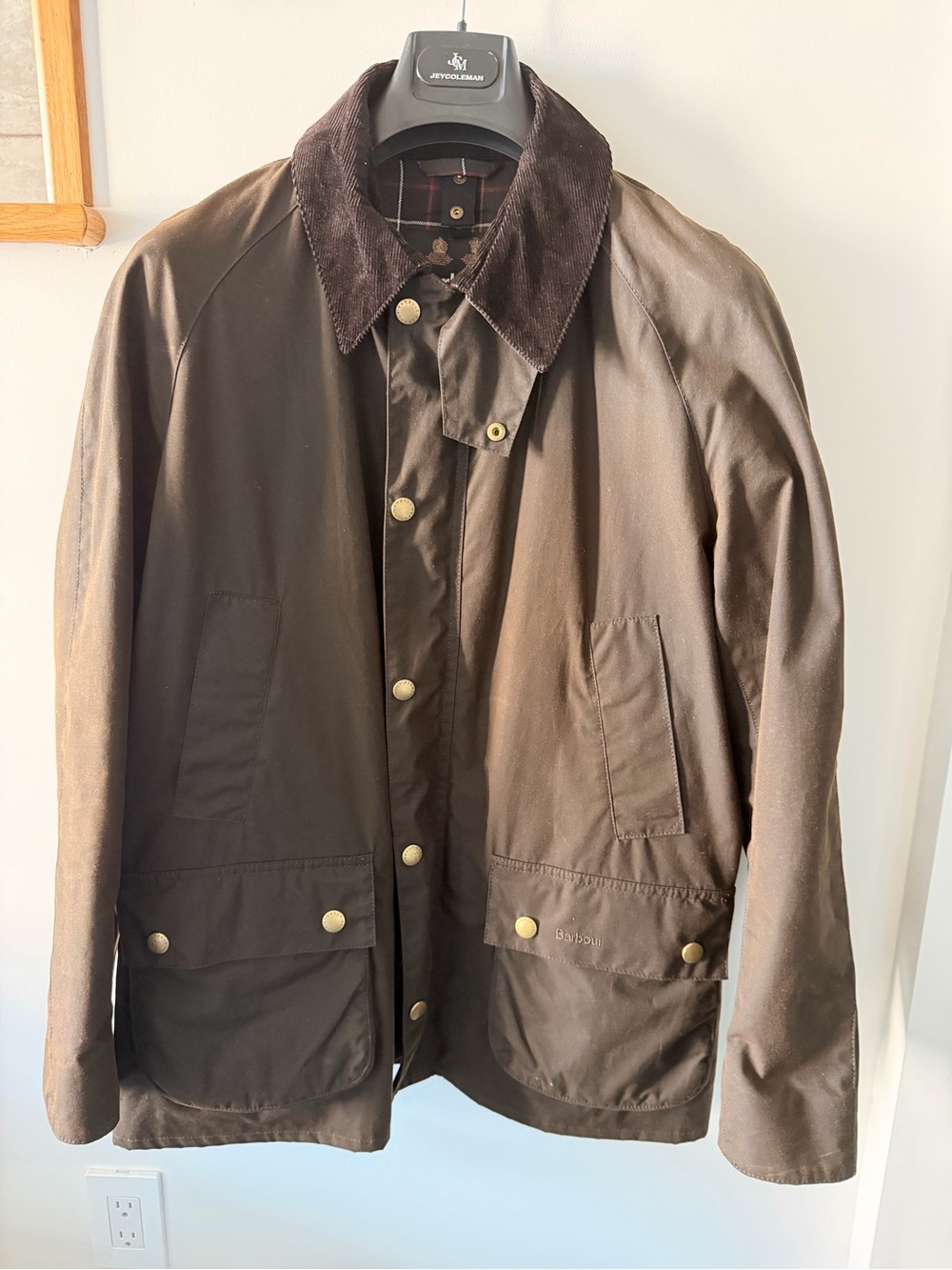 Barbour Dark Brown Waxed Cotton Trench Coat with Corduroy Collar